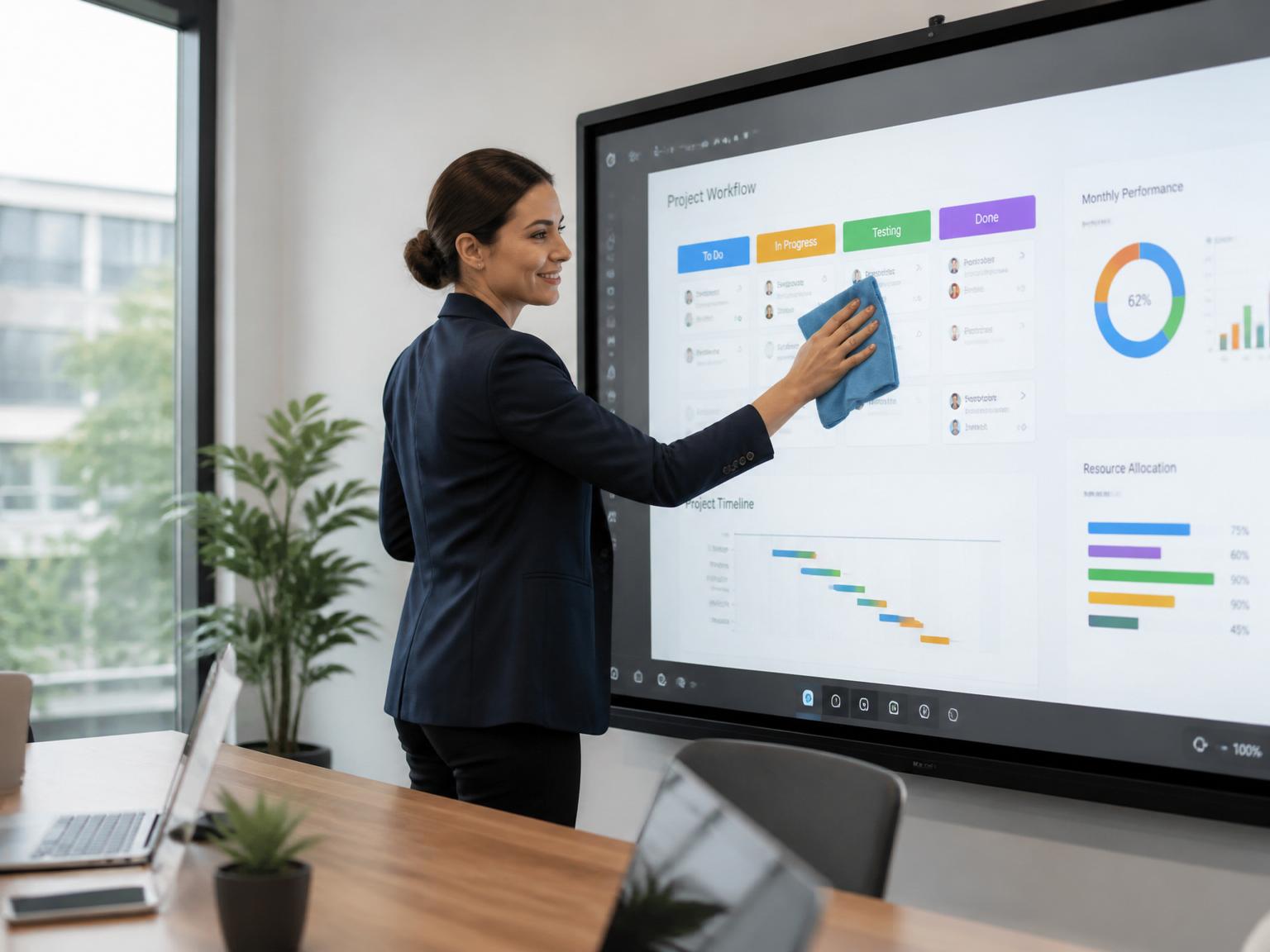 Mitarbeiterin reinigt ein Collaboration-Display im modernen Büro mit Pixly Clean